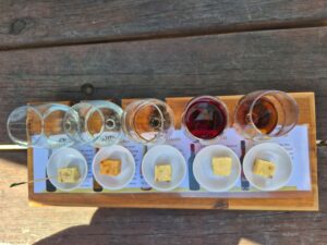 A board showing 5 cheese samples paired with 5 wine samples.