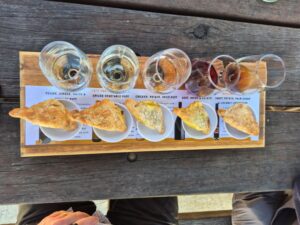 Showing 5 puff pastry triangles paired with 5 wine samples